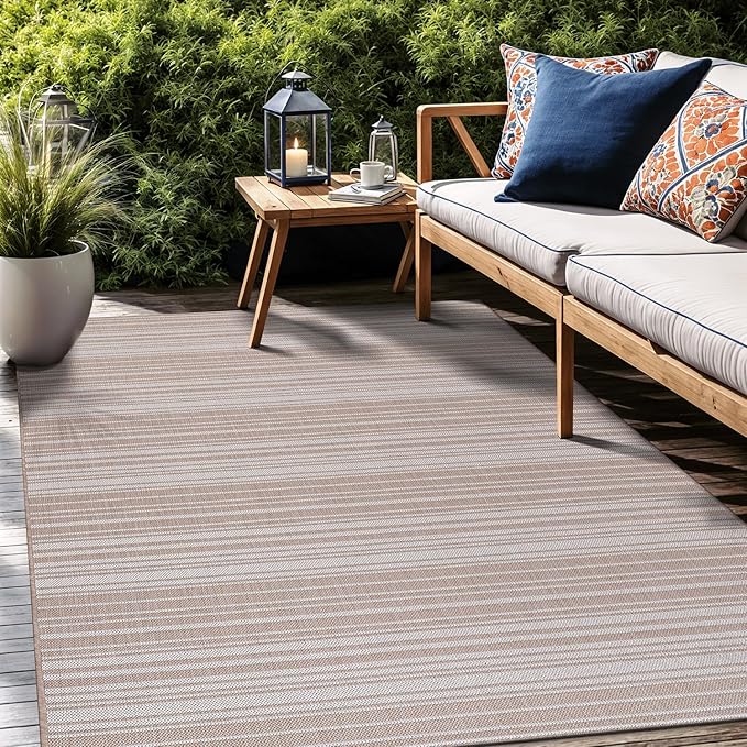 Stripe Outdoor Rug 9x12 Washable Outside Carpet for Indoor Patio Porch Waterproof Easy Cleaning Non Shedding Area Rugs Beige 9 x 12