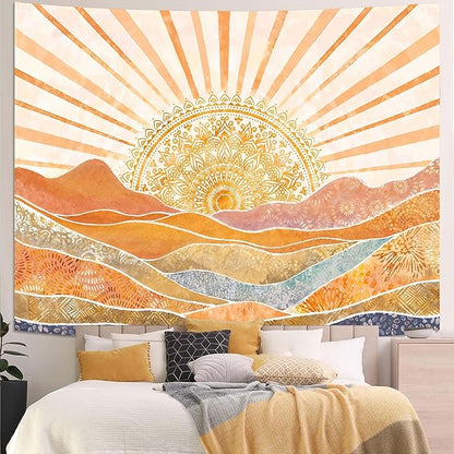 Lunerfex Bohemian Mandala Sunrise Wall Tapestry, Abstract Mountain Scenery Tapestries for Home Decor, Boho Tapestry 60x44 Inch
