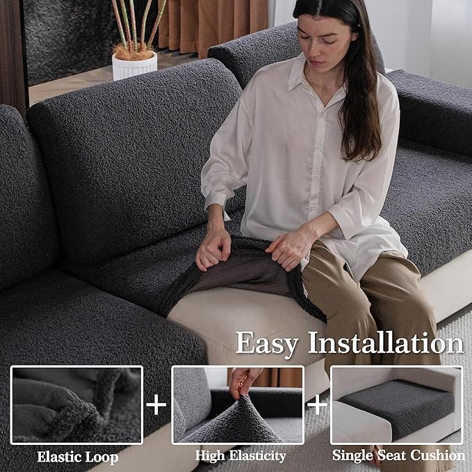 Couch Cushion Covers for Sectional Sofa, Stretch Soft Sofa Slipcovers Washable Wear-Resistant Universal Furniture Protector for Living Room(2 Seaters Covers+1 Chaise Cover, Dark Gray)