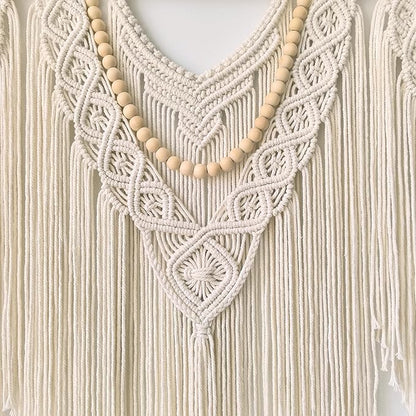 large macrame wall hanging - Boho Tapestry Macrame Wall Decor Art- Chic Bohemian Handmade Woven Tapestry Home Decoration for Bedroom Living Room Apartment Wedding Party - 43"x32" (Beige-Wood Bead)