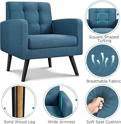 Yaheetech Mid-Century Accent Chairs, Modern Upholstered Living Room Chair, Cozy Armchair Button Tufted Back and Wood Legs for Bedroom/Office/Cafe, Navy Blue
