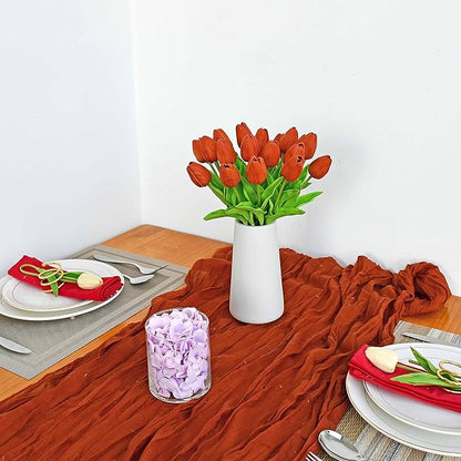Mandy's Artificial Tulips 20 Stems Dark Orange PU Faux Flowers for Wedding Home Decor 13.5 Inch