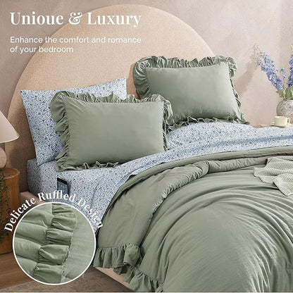 King Comforter Set - 7 Pieces Ruffle Sage Green Bedding Sets, Shabby Chic Farmhouse Bed in a Bag King with Ruffle Comforter, Floral Sheets, Pillowcases & Shams