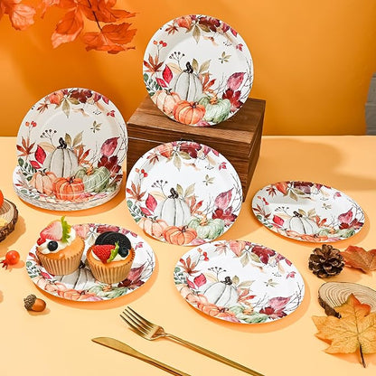 AllReal Fall Pumpkins Paper Plates Rustic Pumpkin Leaves Disposable Party Plate 7" Thanksgiving Autumn Dessert Plate for Birthday Baby Shower Party Supplies Table Decor (24)
