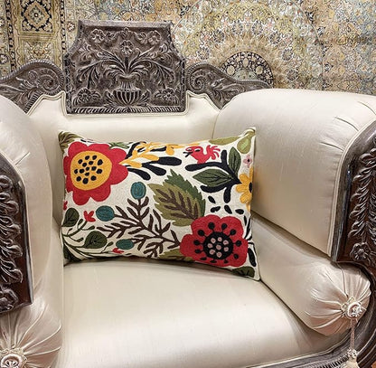 Lumbar Cream Suzani Cushions - Boho Floral Throw Pillows | Outdoor Pillows & Chair Cushions - Hand Embroidered Wool Size - 14x20
