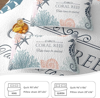 Coastal Bedding King Size 2 Shams, Nautical Beach Comforter Sets Ocean Bedspreads Coastal Coverlet Summer Bedding, 96''x106''