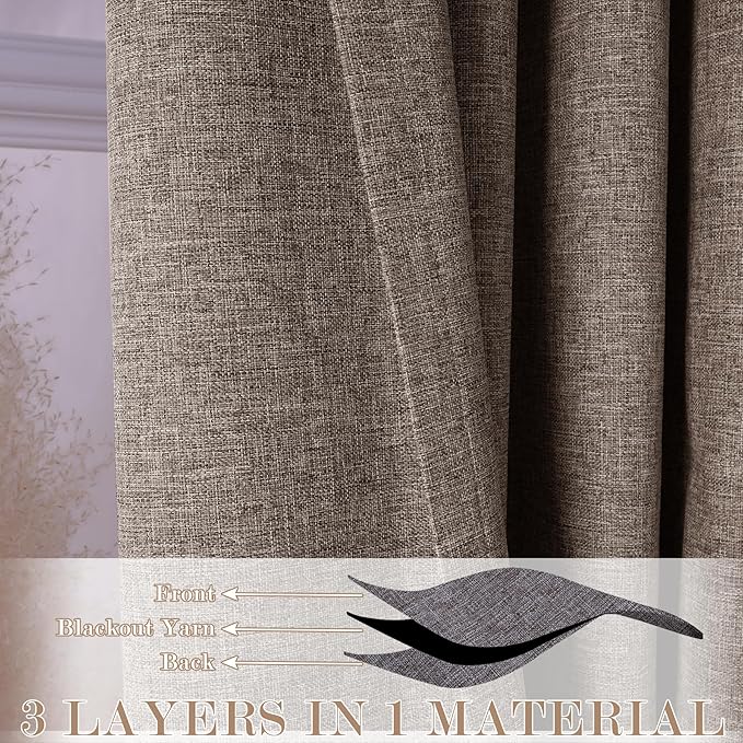 Room Divider Curtains Screen Partitions, Linen Look 100% Blackout Drapery 102 Inches Long, 100" Wide Pinch Pleated Window Drapes, Privacy Protecting, Light Blocking, (1 PC, Light Brown)