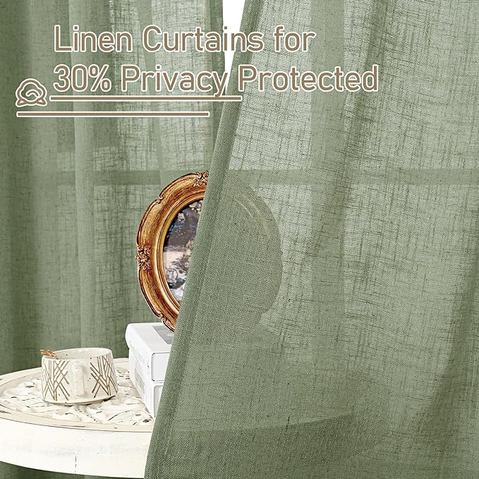 LAMIT Semi Sheer Linen Curtains 36 Inch Length, Light Filtering Panels Bronze Grommet Boho Neutral Christams Window Drapes for Kitchen/Small Windows/Cafe, Sage Green, 34 x 36 Inch, 2 Panels