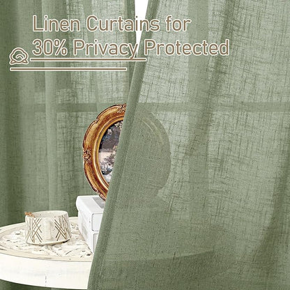 LAMIT Linen Curtains 108 Inches Long for Living Room, Bronze Grommet Linen Textured Sheer Curtains Light Filtering Drapes for Boho Farmhouse, 2 Panels, 52 x 108 Inch, Sage Green