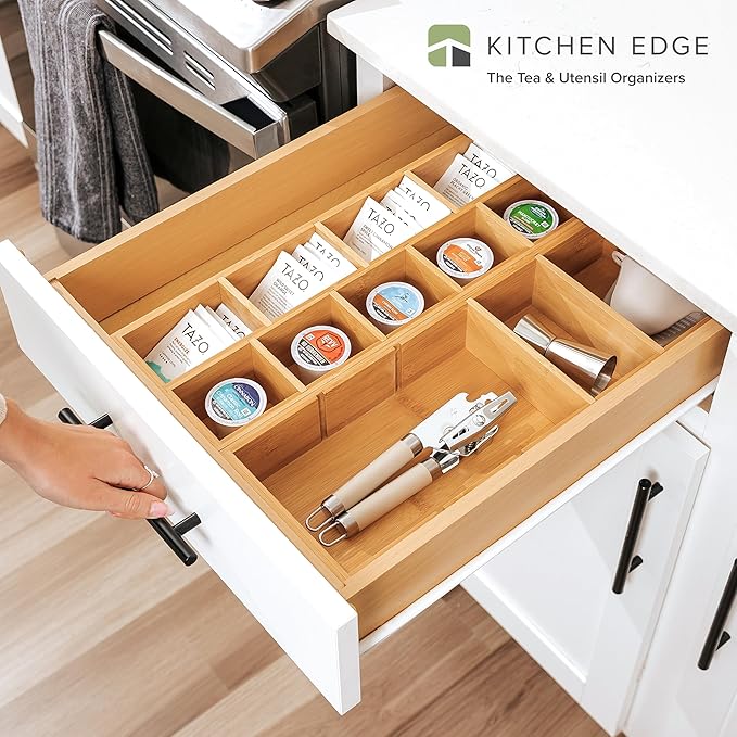Premium Utensils and Tea Bag Drawer Organizers – 14-Compartment Design with Removable Dividers, Non-Slip Feet, 100% Sustainable Bamboo, 2 Pack