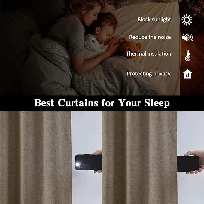 RAIN CITY Extra Wide Blackout Curtains 2 Panels Set,70 Inch Wide Back Tab Pleated Curtains with Hooks Track System,Energy Efficinet Drapes for Dining Room Hoom Office 70x108 in Length,Linen Brown