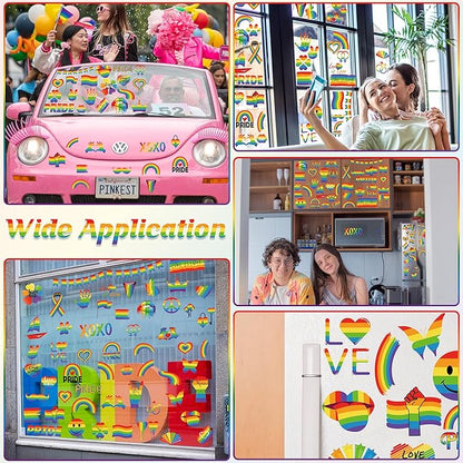 9 Sheets LGBT Rainbow Window Clings, Pride Decorations Window Cling, Gay Love Heart Stickers, Double-Side Pride Wall Clings Decals for Pride Day LGBTQ Rainbow Party Parades Supplies Decor