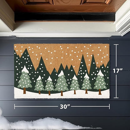 Barnyard Designs Natural Coco Coir Christmas Doormat - Large Cute Non-Slip Heavy Duty Backing Door Mat for Outside Entrance or Porch Entry, Brown (17x30, Winter Snow Forest)