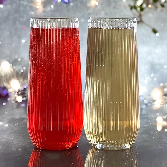 24 Pack Ribbed Ripple Stemless Toasting Glasses, Origami Durable 9 Oz BPA-Free Disposable Plastic Champagne Flutes for Weddings, Bars, Events, and Celebrations (Clear)