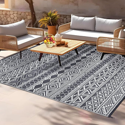 GAOMON Outdoor Rug Waterproof 8'x10', Reversible Outdoor Plastic Straw Rug, Boho Patio Rug, Indoor Outdoor Carpet, RV Mat Outside for Patio, Camp, Picnic, Balcony, Deck, Grey/White(Bohemia)