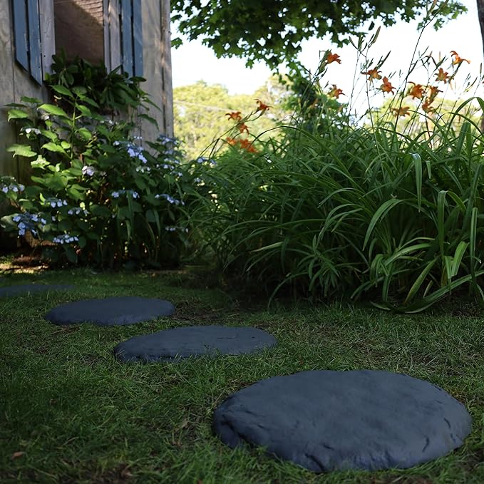 Ei Circular 15.5” Stepping Stones with Ground Stakes - Home or Garden Step Stones for Outdoor Walkway or Pathway Pavers - Resin Material (4, Slate Grey)