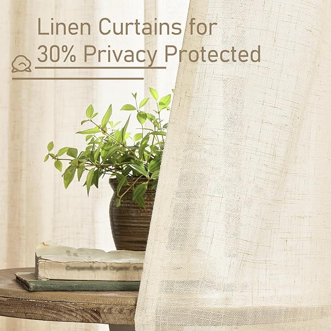 LAMIT Short Linen Window Curtains 30 Inches Long 2 Panels, Beige Semi Sheer Light Filtering Panels Bronze Grommet Neutral Drapes for Basement/Small Windows, 34 x 30 Inch