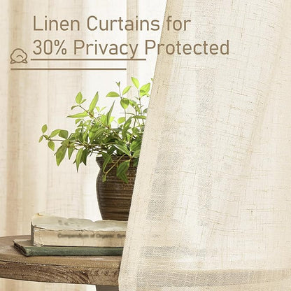 LAMIT Short Linen Window Curtains 30 Inches Long 2 Panels, Beige Semi Sheer Light Filtering Panels Bronze Grommet Neutral Drapes for Basement/Small Windows, 34 x 30 Inch