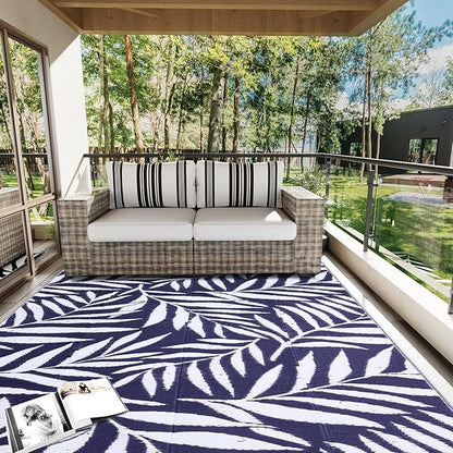 OLANLY Waterproof Outdoor Rug 6x9 ft, Reversible Outdoor Plastic Straw Rug with Leaf Pattern, RV Mat, Indoor Outdoor Carpet for Patio, Camping, Balcony, Deck, Backyard, Navy & White