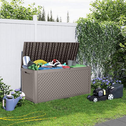 100 Gallon Deck Box Large Outdoor Storage for Patio Furniture,Outdoor Cushions,Garden Tools and Pool Supplies,Waterproof,Resin,Lockable(Grey Lozenge)