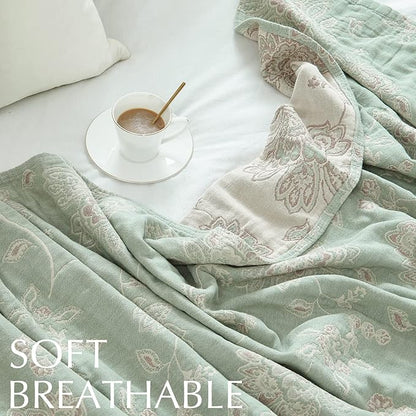 jinchan Boho 100% Cotton Muslin Twin Size 50x60 Inches Blanket Lightweight 4-Layer Quilted Soft Green and Beige Floral Throw Blanket Reversible Comfy Flower Breathable All Seasons Couch Bedroom Decor