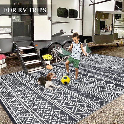 GAOMON Reversible Outdoor Rug 9'x18' Waterproof Plastic Straw Rug, Patio Rug, Large Modern Area Rug Carpet, Indoor Outdoor Rugs for Camping, Porch, Deck, Balcony, Backyard, Grey/White(Bohemia)