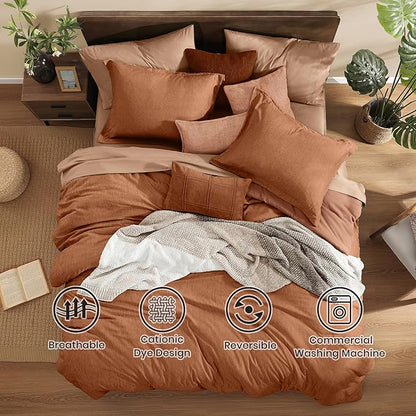 Monbix Queen Comforter Set - 7 Pieces Cationic Dyeing Autumn Leaf Bed in a Bag Queen Bedding Sets with Comforter, Sheets, Pillowcases & Shams, Reversible Bedding Comforters Sets