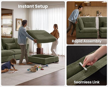 Oversized Modular Sofa, Extra Deep Cloud Chenille Sectional Couch with Ottoman Chaise, Fluffy Chenille Corner V Shape Sofa for Living Room, Villa (Corner V Shape+Ottoman, Chenille Green)