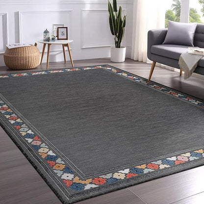 Beverly Rug Outdoor Rug 8x10 Modern Bordered Area Rugs for Indoor and Outdoor Patio Easy to Clean Non Shedding Living Room Porch Garden Washable Outside Carpet (8 x 10 Dark Gray)