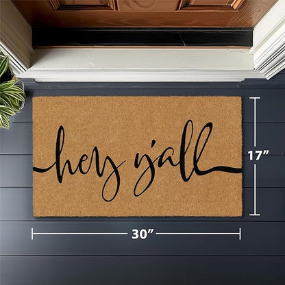 Barnyard Designs Natural Coco Coir Heavy Duty Backing Doormat - Large Cute Non-Slip Front Door Welcome Mat for Outside Entrance or Porch Entry, Brown (17x 30, Y'all)