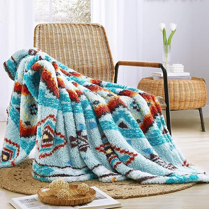 CASAAGUSTO Boho Sherpa Throw Blanket, Aztec Queen Blanket, Ultra Soft, Warm, Cozy, Plush, Thick Fleece Bohemian Throw Blanket for Couch, Bed, Sofa (Aqua 90 * 90 Inch)