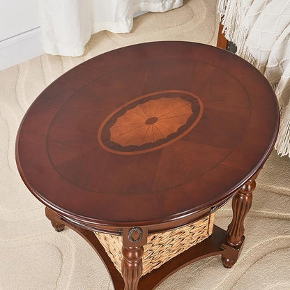 MODERION Solid Wood End Table with Drawer, Oval Sofa Side Table, Storage Shelf, Living Room Corner Table, Nightstand, 24”H Cherry Walnut CJZ1533WD-DR