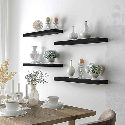 24 Inch Floating Shelves for Wall Rustic Black Wood Wall Shelves for Bedroom Set of 4