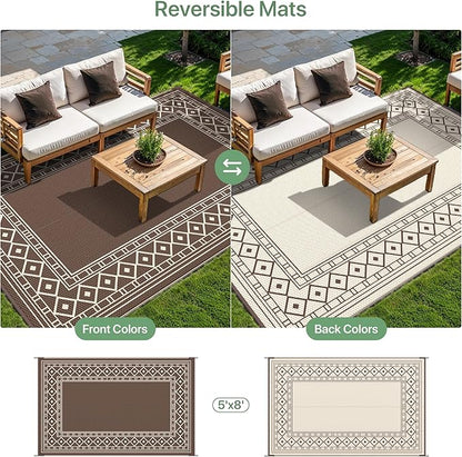 GENIMO Outdoor Rug Waterproof for Patio Decor, 5'x8' Reversible Plastic Straw Rug Carpet, Camping Mat for Outdoor, RV, Backyard, Deck, Balcony, Picnic, Beach, Coffee & Beige