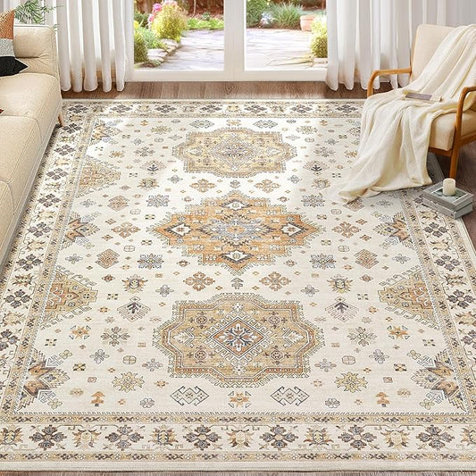 Washable Area Rugs for Living Room - 7x9 Neutral Vintage Distressed Floral Farmhouse Boho Large Soft Floor Rug Indoor Non Slip Carpet for Living Room Bedroom Dining Room Office - Orange/Yellow/Beige