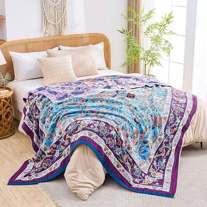 Fall Blanket for Bed, 100% Cotton Soft Rustic Boho Throw Blanket Quilt, 90"x98" Farmhouse Decor Bed Flower Blankets, Light Weight Reversible Bohemian Throw Quilt