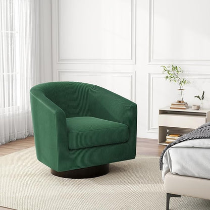 Swivel Barrel Accent Chair, Modern Round Corduroy Fabric Arm Chair for Living Room, Bedroom, Comfy Club Reading Chairs for Adults, Corduroy Dark Green
