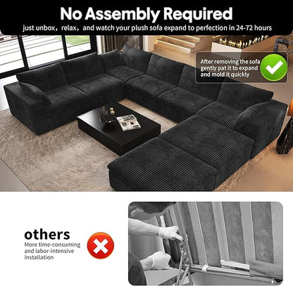 Oversized Modular Sectional Cloud Couch,157.5" U Shaped Modern Sofa with 2 Ottoman and 2 Middle Seats,Upholstered Couches with Corduroy Fabric for Living Room Furniture,No Assembly Required,Black