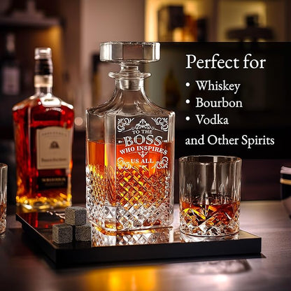Luxury Gift For Boss - Boss Who Inspires Us All - Unique Engraved Whiskey Decanter Set For The Leader or Dad Christmas, Birthday Gift – 4 Whiskey Glasses And Decanter Set for Whisky, Bourbon Ets.