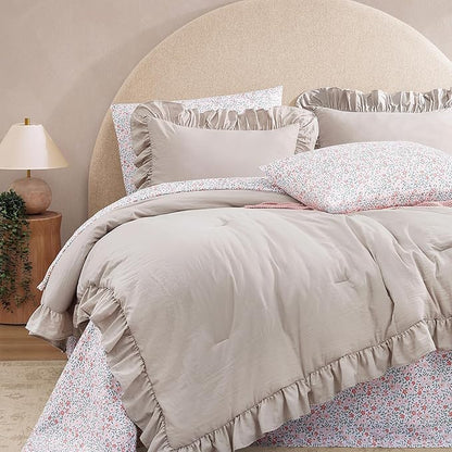King Comforter Set - 7 Pieces Ruffle Beige Bedding Sets, Shabby Chic Farmhouse Bed in a Bag King with Ruffle Comforter, Floral Sheets, Pillowcases & Shams