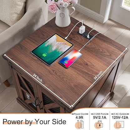 JXQTLINGMU Farmhouse End Table, 24" Large Sofa Side Table with Charging Station, Mesh Barn Door, and Adjustable Storage Shelf, Rustic Wood Square Nightstand for Living Room, Bedroom, Office, Brown
