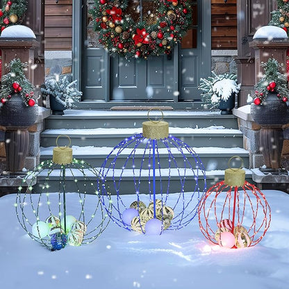 Outdoor Christmas Decorations, Set of 3 Lighted Christmas Ball Ornaments with 570 LED Lights, 6 Ground Stakes, Included 20 Small Plastic Xmas Ball Ornaments for Holiday Decor Yard