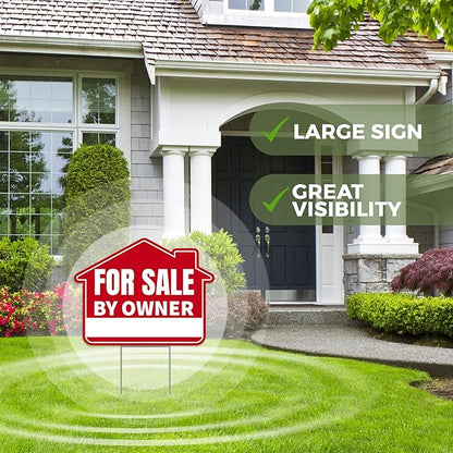 3PC For Sale By Owner Sign with Stakes, 17 Inches by 13 Inches - Double Sided Signs - Corrugated Plastic - FSBO Yard Sign for Home House Real Estate