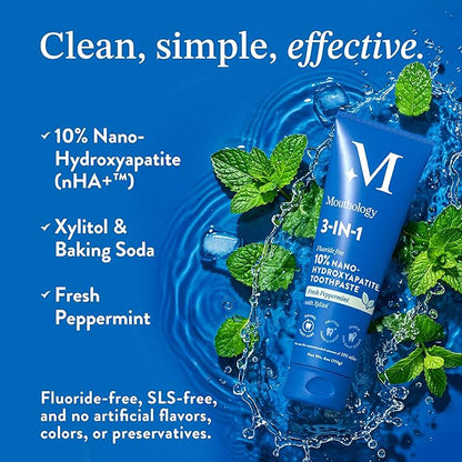 Mouthology 10% Nano Hydroxyapatite Toothpaste (Fluoride Free), Whitening*, Supports Enamel Care*, Appropriate for Sensitive Teeth*, SLS Free, Xylitol nHA Toothpaste for Adults, Mint 4oz (USA Made)