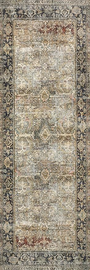 Loloi Layla Collection LAY-03 Olive/Charcoal 2'-6" x 7'-6" .13" Thick Runner Rug, Soft, Durable, Vintage Inspired, Distressed, Low Pile, Non-Shedding, Easy Clean, Printed, Living Room Rug
