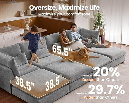 Oversized Modular Sofa, Extra Deep Cloud Chenille Sectional Couch with Ottoman Chaise, Fluffy Chenille 8 Seater Sofa Bed for Living Room, Villa (Sofa Bed 8 Seater, Chenille Grey)