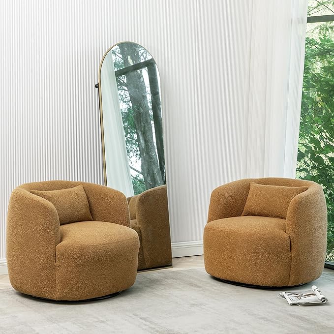 KINWELL 34" Wide Boucle Swivel Barrel Chairs Set of 2, No Assembly Round Upholstered Armchairs Accent Chairs Single Sofa Chair with Toss Pillow for Living Room and Bedroom, Brown