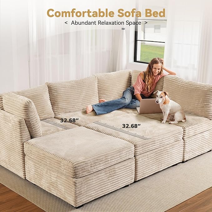 Modular Sectional Sofa with Chaise U Shaped Sectional Couch for Living Room, 7-Seater Comfy Cloud Couches with One Movable Ottoman, Plush Corduroy, Beige