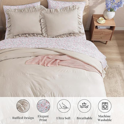 Queen Comforter Set - 7 Pieces Ruffle Beige Bedding Sets, Shabby Chic Farmhouse Bed in a Bag Queen with Ruffle Comforter, Floral Sheets, Pillowcases & Shams