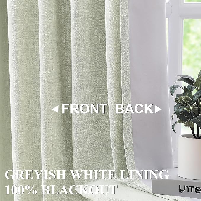 Vision Home Soft Green Pinch Pleated Full Blackout Curtains Linen Blended Room Darkening Curtain Panels 108 inch for Living Room Bedroom Thermal Insulated Pinch Pleat Drapes with Hooks 40" Wx108 Lx2